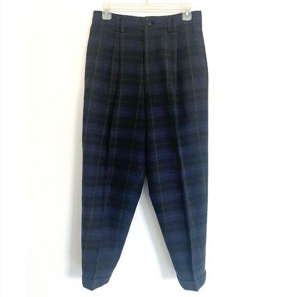 Comme des Garcon Homme Wool Pleated Oversized Low Crotch Cuffed Blue Plaid Pants
